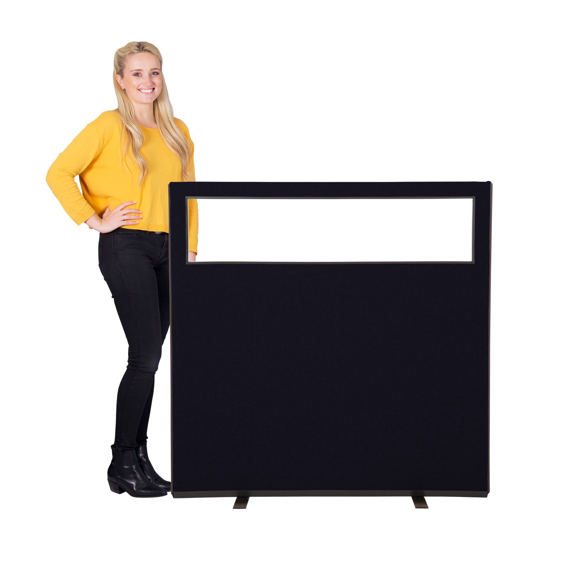 1200mm w x 1200mm h Glazed office screen covered in black fabric