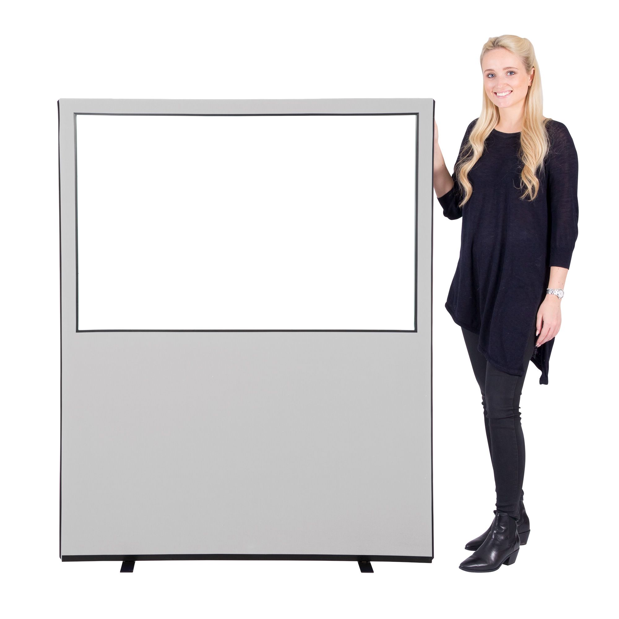 1200mm w x 1500mm h Glazed Office Screen iovered in Grey Fabric