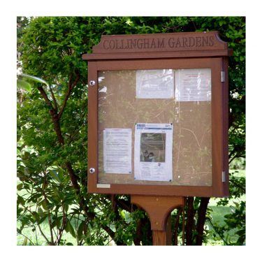 6 x A4 oak noticeboard with single post kit and engraved header, Collingham Gardens, SW5,