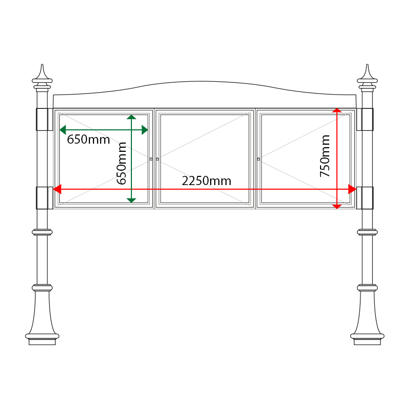External & internal dimensions of 3 bay, single or double-sided, 6 x A4 Decorative A-Multi aluminium noticeboard