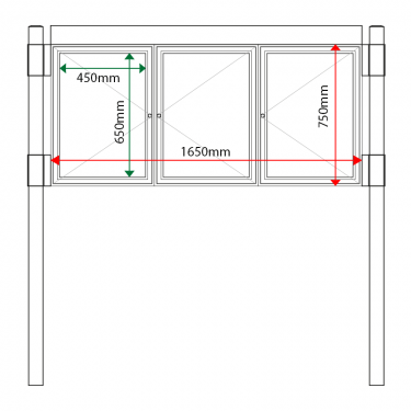 External & internal dimensions of 3 bay, single or double-sided, A2, A-Multi Contemporary aluminium noticeboard