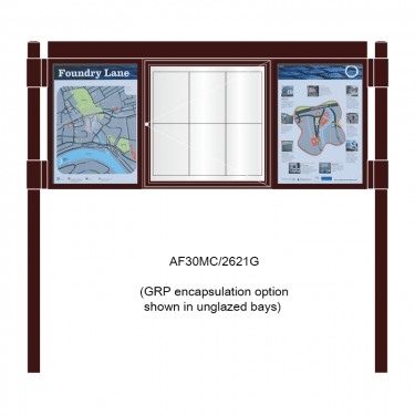 3 bay, single-sided, 6 x A4, A-Multi Decorative aluminium noticeboard, 1 bay glazed, centre bay glazed, showing encapsulation option option in unglazed panels