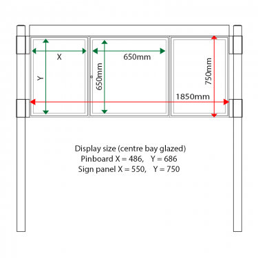 External & internal dimensions of AF30MC-2621G Aluminium Noticeboard, (centre bay glazed)