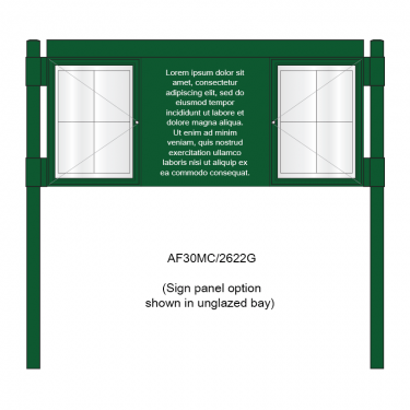 3 bay, single-sided, A2/6 x A4/A2, A-Multi Contemporary aluminium noticeboard, 2 bays glazed, showing sign panel option in unglazed bay