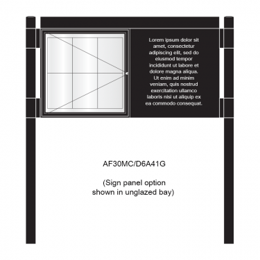 2 bay, single-sided, 6 x A4, A-Multi Contemporary, aluminium noticeboard, 1 bay glazed, showing sign panel option in unglazed bay