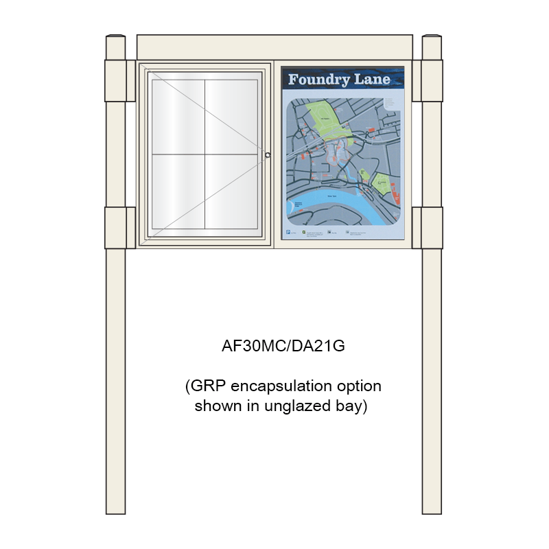 2 bay, single-sided, 4 x A4, A-Multi Contemporary, aluminium noticeboard, 1 bay glazed, showing encapsulation option in unglazed bay
