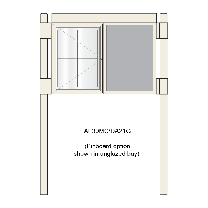 2 bay, single-sided, 4 x A4, A-Multi Contemporary, aluminium noticeboard, 1 bay glazed, showing pinboard option in unglazed bay