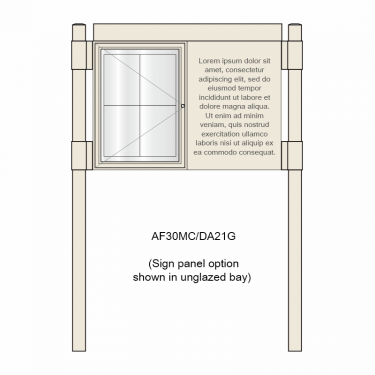 2 bay, single-sided, 4 x A4, A-Multi Contemporary, aluminium noticeboard, 1 bay glazed, showing sign panel option in unglazed bay