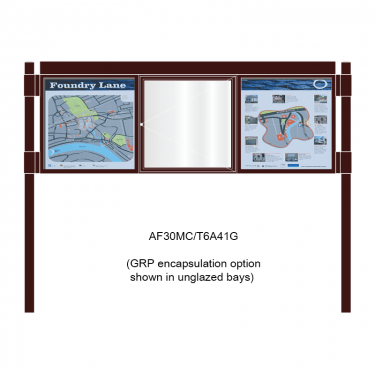 3 bay, single-sided, 6 x A4, A-Multi Contemporary aluminium noticeboard, 1 bay glazed, showing encapsulation option in unglazed bays