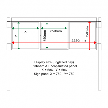 External & internal dimensions of AF30MC-T6A41G Aluminium Noticeboard, (centre bay glazed)