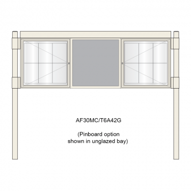 3 bay, single-sided, 6 x A4, A-Multi Contemporary aluminium noticeboard, 2 bays glazed, showing pinboard option in unglazed bay
