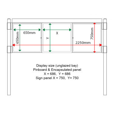 External & internal dimensions of AF30MC-T6A42G Aluminium Noticeboard, (centre bay unglazed)