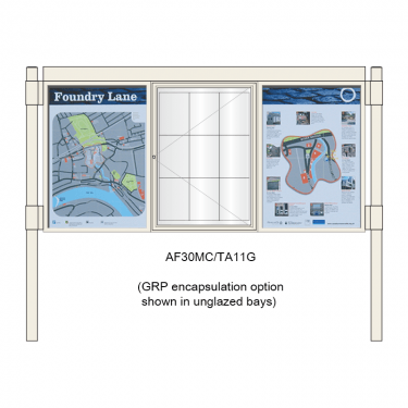 A-Multi Contemporary aluminium noticeboard, 1 bay glazed, showing encapsulation option in unglazed bays