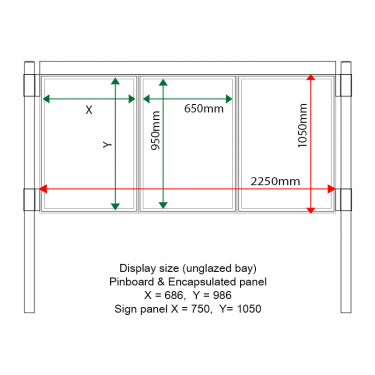 External & internal dimensions of AF30MC-TA11G Aluminium Noticeboard, (centre bay glazed)