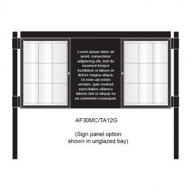 3 bay, single-sided, A1, A-Multi Decorative aluminium noticeboard, 2 bays glazed, showing sign panel option in unglazed bay