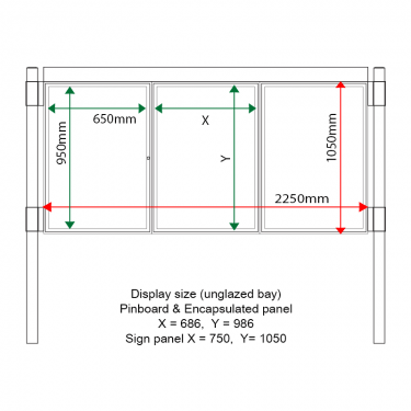 External & internal dimensions of AF30MC-TA12G Aluminium Noticeboard, (centre bay unglazed)