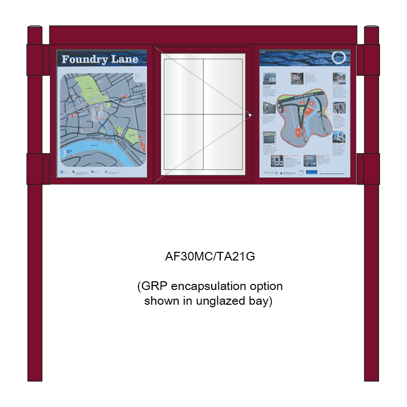 3 bay, single-sided, A2, A-Multi Contemporary aluminium noticeboard, 1 bay glazed, showing encapsulation option in unglazed bays