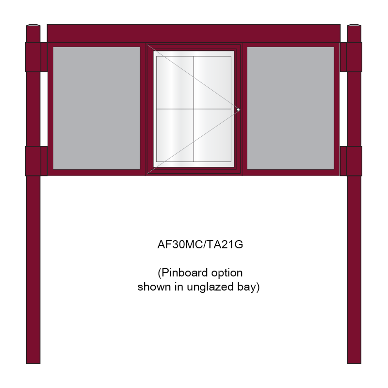 3 bay, single-sided, A2, A-Multi Contemporary aluminium noticeboard, 1 bay glazed, showing pinboard option in unglazed bays