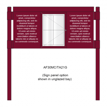 3 bay, single-sided, A2, A-Multi Contemporary aluminium noticeboard, 1 bay glazed, showing sign panel option in unglazed bays