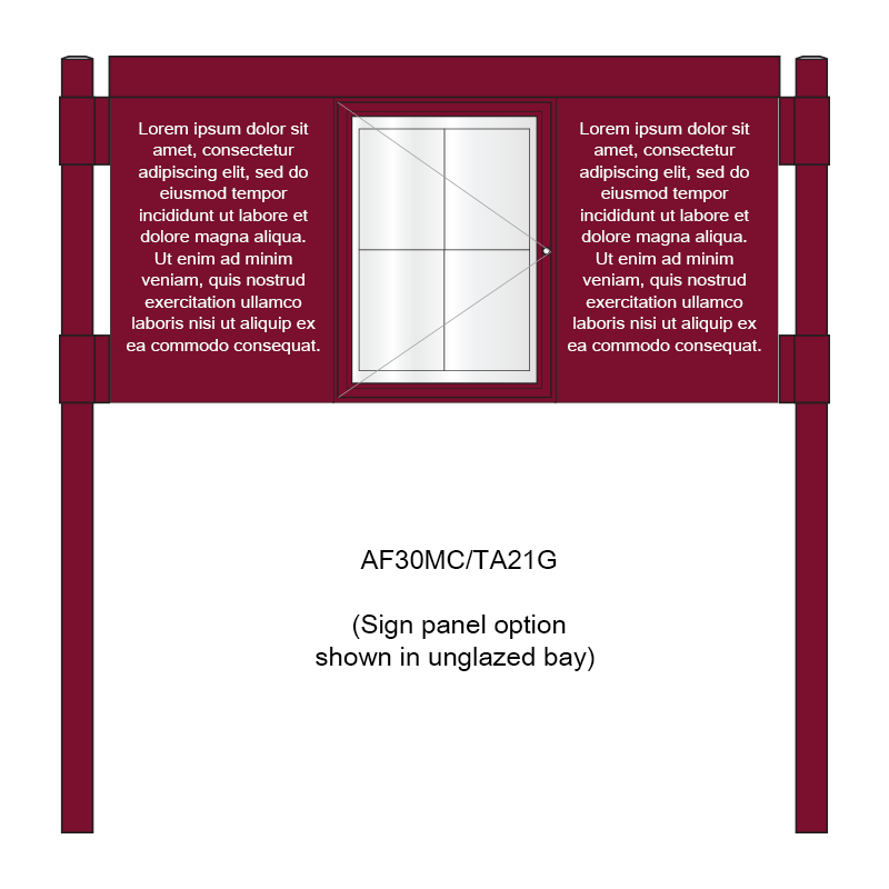 AF30MC-TA21G-sign-panels 3 bay, single-sided, A2, A-Multi Contemporary aluminium noticeboard, 1 bay glazed, showing sign panel option in unglazed bays