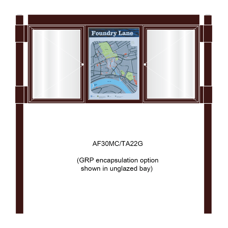 3 bay, single-sided, A2, A-Multi Contemporary aluminium noticeboard, 2 bays glazed, showing encapsulation option in unglazed bay