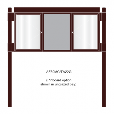 3 bay, single-sided, A2, A-Multi Contemporary aluminium noticeboard, 2 bays glazed, showing pinboard option in unglazed bay