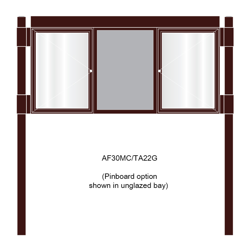 AF30MC-TA22G-pinboard 3 bay, single-sided, A2, A-Multi Contemporary aluminium noticeboard, 2 bays glazed, showing pinboard option in unglazed bay