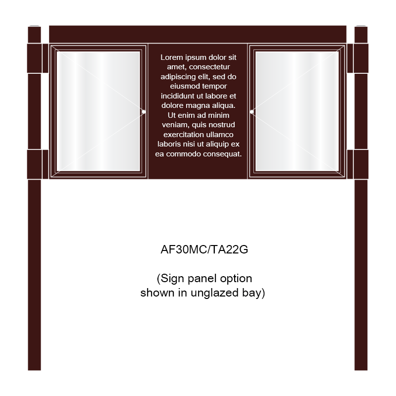3 bay, single-sided, A2, A-Multi Contemporary aluminium noticeboard, 2 bays glazed, showing sign panel option in unglazed bay