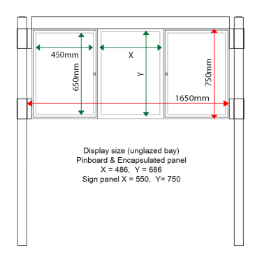 External & internal dimensions of AF30MC-TA22G Aluminium Noticeboard, (centre bay glazed)
