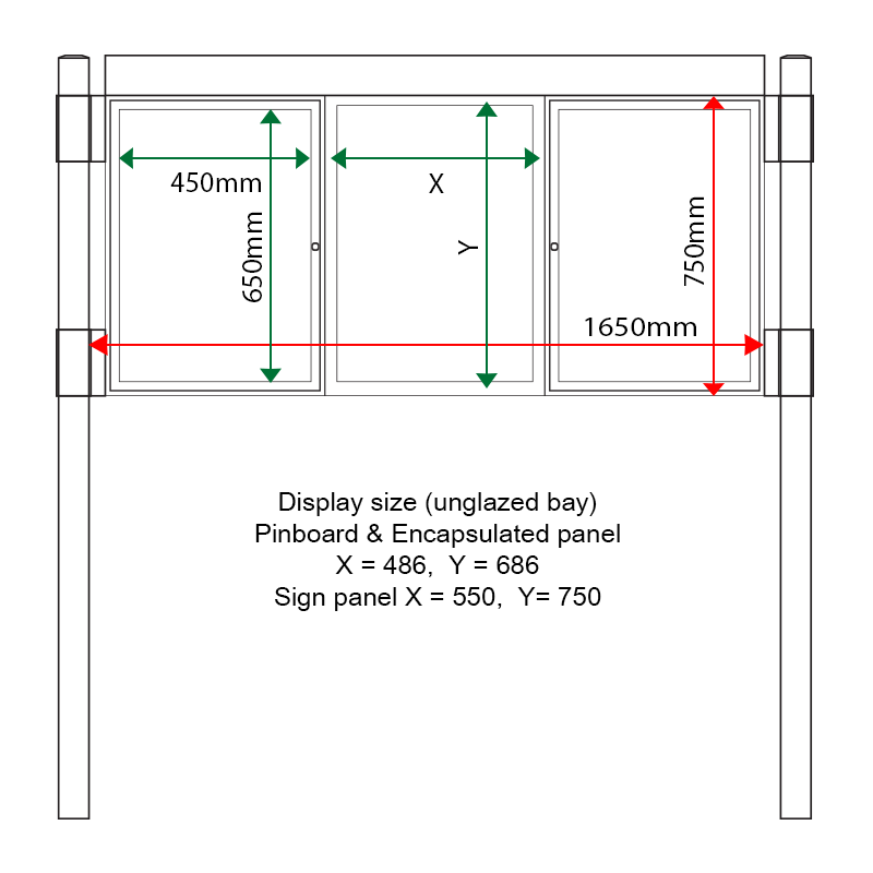 External & internal dimensions of AF30MC-TA22G Aluminium Noticeboard, (centre bay glazed)