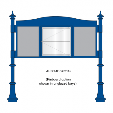 3 bay, single-sided, A2/6 x A4/A2, A-Multi Decorative aluminium noticeboard, 1 bay glazed showing pinboard option in unglazed bays