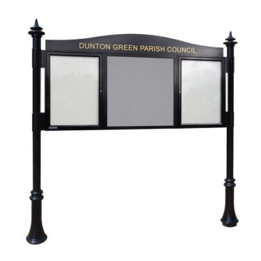 3-bay A-Multi aluminium noticeboard, A2/6 x A4/A2, with two bays glazed and centre bay unglazed.
