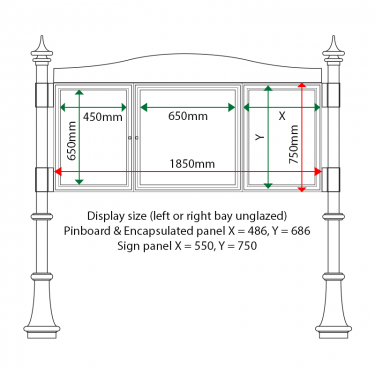 External & internal dimensions of AF30MD-2622G Aluminium Noticeboard, (end bay unglazed)