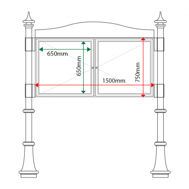 External & internal dimensions of 2 bay, single or double-sided, 6 x A4, A-Multi Decorative aluminium noticeboard