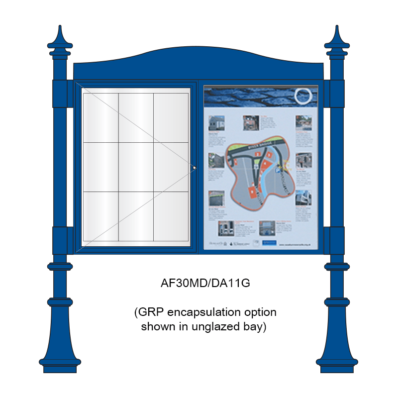 AF30MD-DA11G-encapsulation 2 bay, single-sided, A1, A-Multi Decorative aluminium noticeboard, 1 bay glazed, showing encapsulated information panel option in unglazed bay