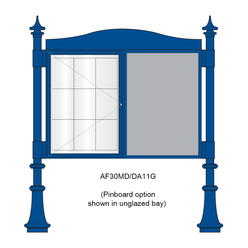 2 bay, single-sided, A1, A-Multi Decorative aluminium noticeboard, 1 bay glazed, showing pinboard option in unglazed bay