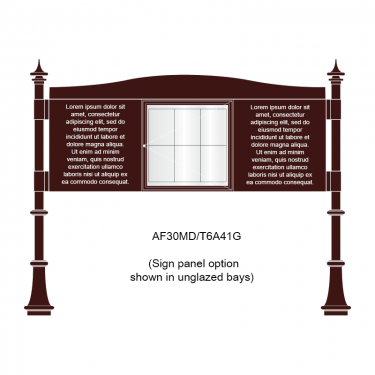 3 bay, single-sided, 6 x A4, A-Multi Decorative aluminium noticeboard, 1 bay glazed, showing sign panel option in unglazed bays