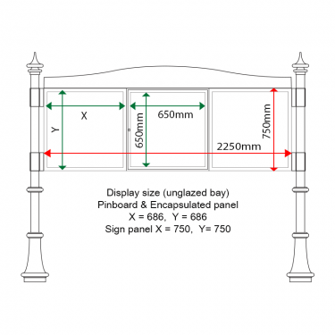 External & internal dimensions of AF30MC-T6A41G Aluminium Noticeboard, (centre bay glazed)