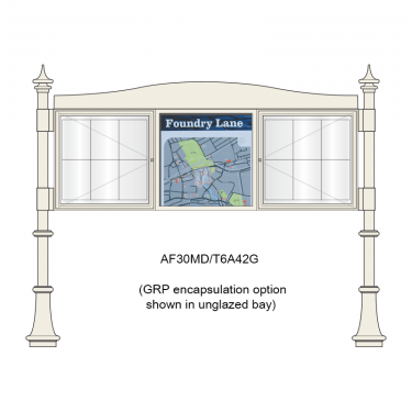 3 bay, single-sided, 6 x A4, A-Multi Decorative aluminium noticeboard, 2 bays glazed, showing encapsulation option in unglazed bay