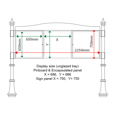 External & internal dimensions of AF30MD-T6A42G Aluminium Noticeboard, (centre bay unglazed)