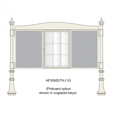 3 bay, single-sided, A1, A-Multi Decorative aluminium noticeboard, 1 bay glazed, showing pinboard option in unglazed bays