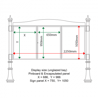 External & internal dimensions of AF30MD-TA11G Aluminium Noticeboard, (centre bay glazed)