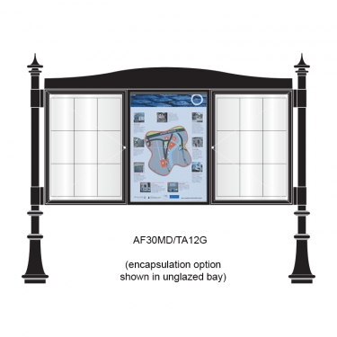 3 bay, single-sided, A1, A-Multi Decorative aluminium noticeboard, 2 bays glazed, showing encapsulated information panel option in unglazed bay