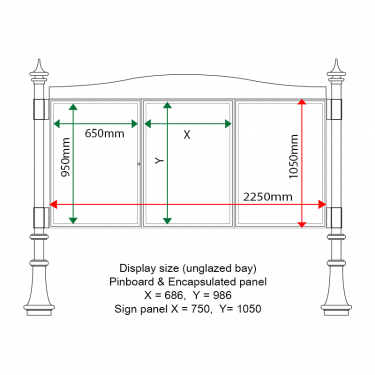 External & internal dimensions of AF30MD-TA12G Aluminium Noticeboard, (centre bay unglazed)