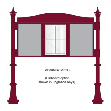 3 bay, single-sided, A2, A-Multi Decorative aluminium noticeboard, 1 bay glazed, showing pinboard option in unglazed bays