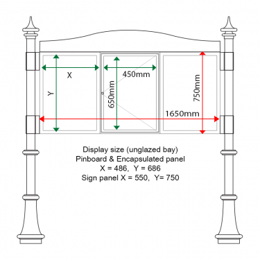 External & internal dimensions of AF30MD-TA21G, 3 bay, single-sided, A2, A-Multi Decorative aluminium noticeboard, 1 bay glazed