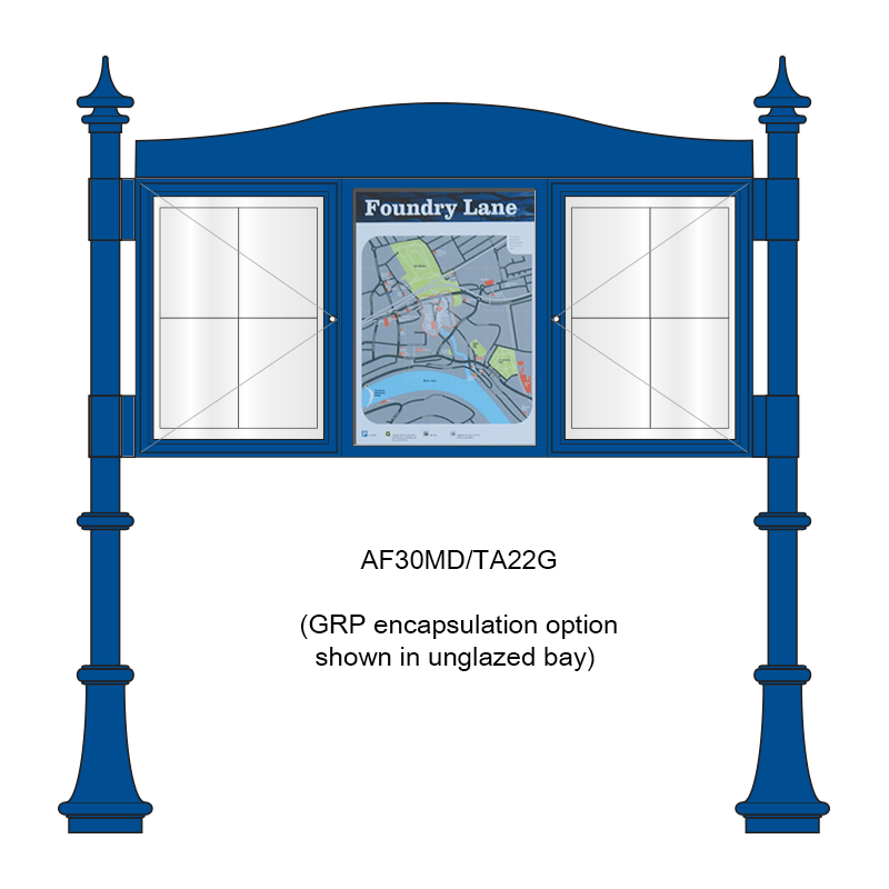 3 bay, single-sided, A2, A-Multi Decorative aluminium noticeboard, 2 bays glazed, showing encapsulated information panel option in unglazed bay
