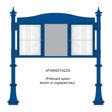 3 bay, single-sided, A2, A-Multi Decorative aluminium noticeboard, 2 bays glazed, showing pinboard option in unglazed bay