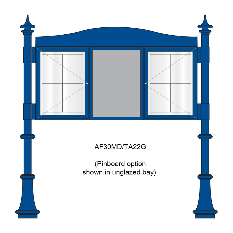 AF30MD-TA22G-pinboard 3 bay, single-sided, A2, A-Multi Decorative aluminium noticeboard, 2 bays glazed, showing pinboard option in unglazed bay