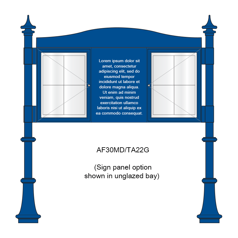 3 bay, single-sided, A2, A-Multi Decorative aluminium noticeboard, 2 bays glazed, showing sign panel option in unglazed bay